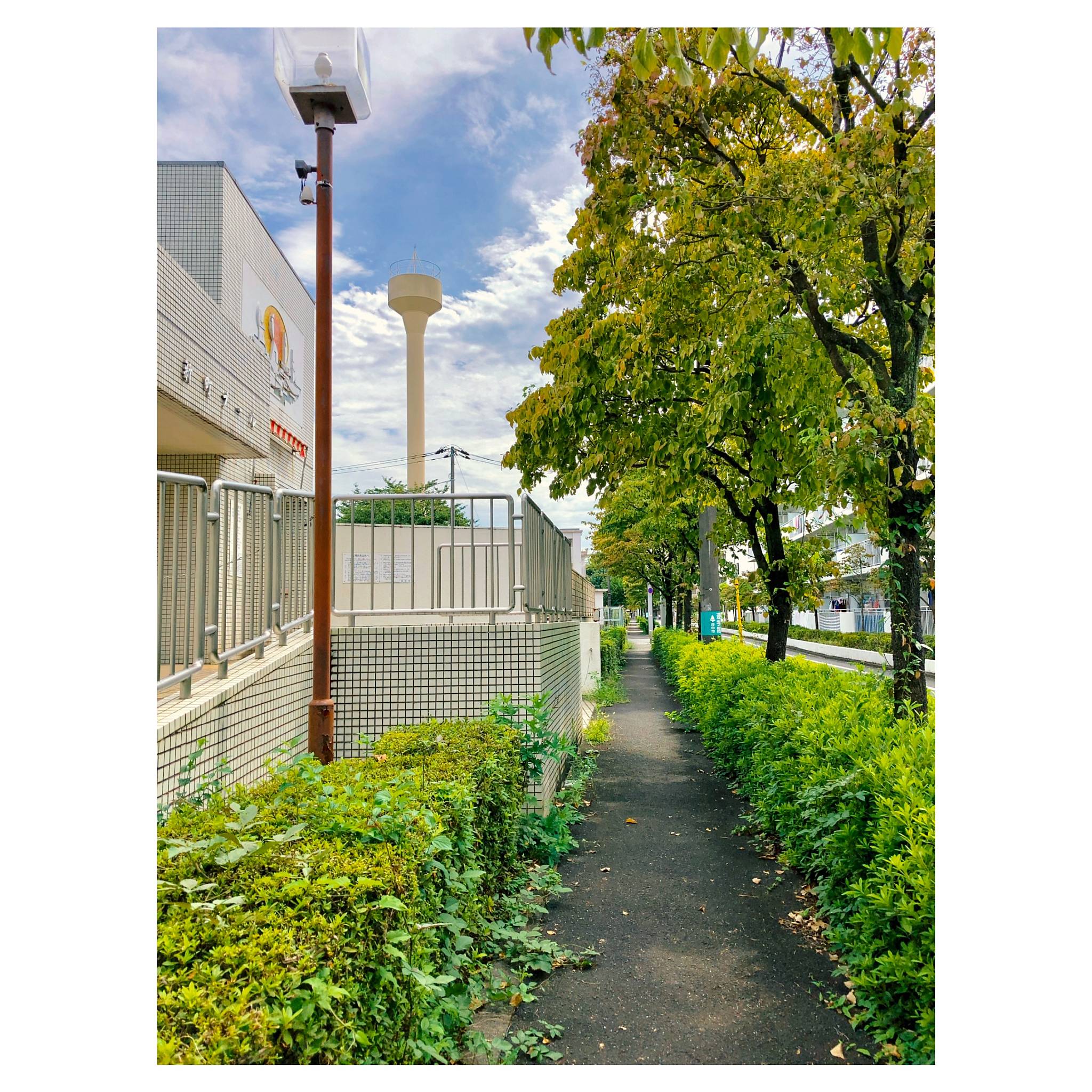 街灯と給水塔が並ぶ街路｜東京・府中市
